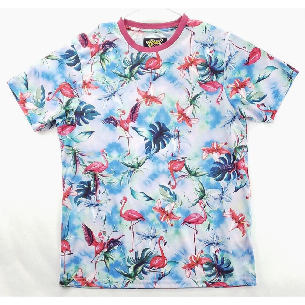 Good Vibes Hawaiian T-Shirt Men Large Blue Pink Flamingo Colorful